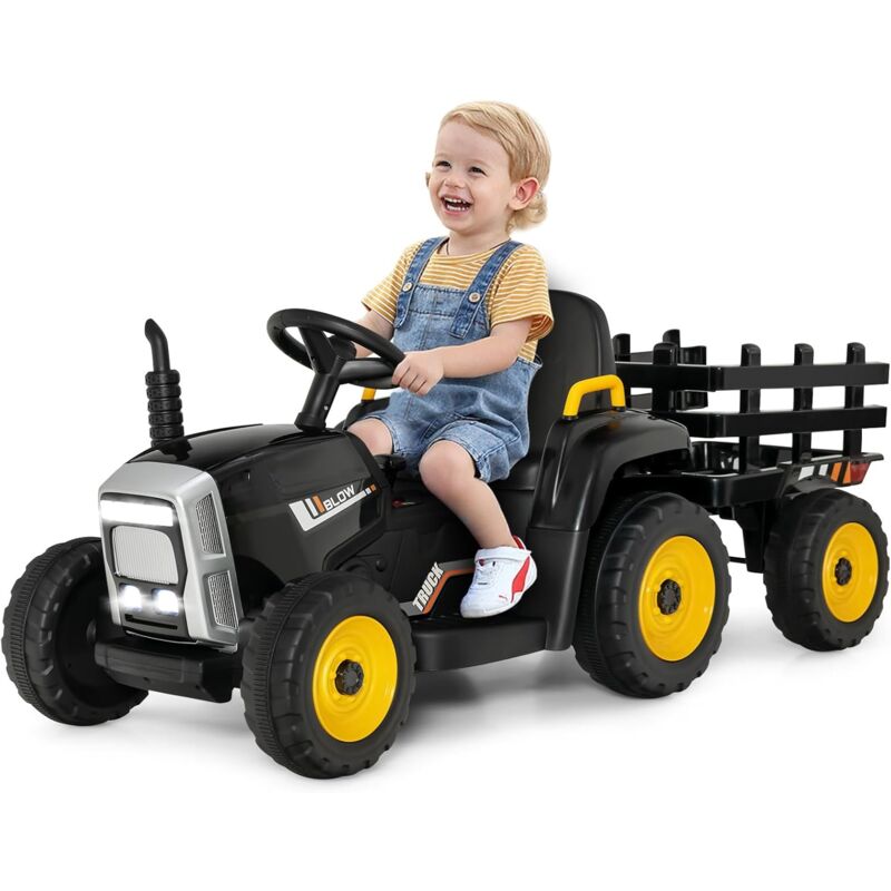 foto del prodotto tracteur avec remorque electrique pour enfants 12 v avec t l commande 2,4g 3 vitesses avec eclairage led, musique, klaxon, fonctions audio usb et