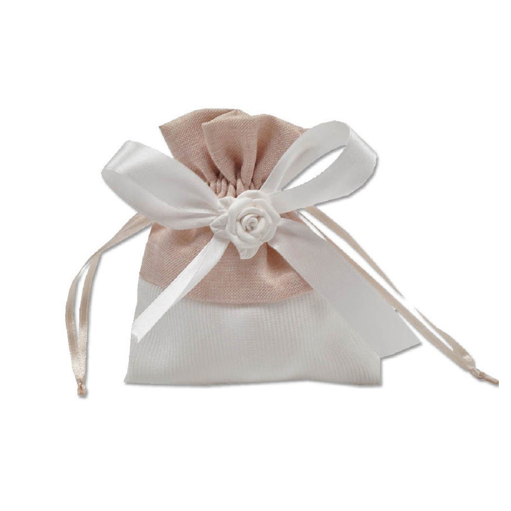 foto del prodotto trade shop 12 sacchetti stoffa porta confetti rosa bianca matrimonio battesimo bomboniera beige
