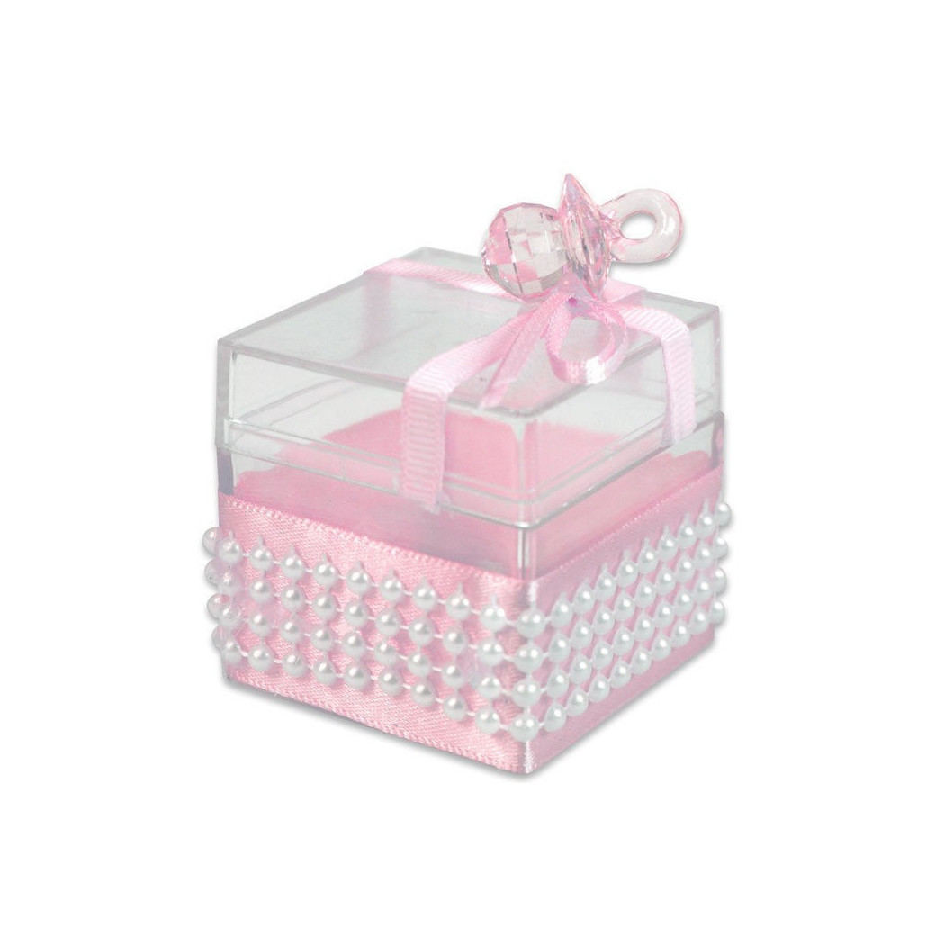 foto del prodotto trade shop 12 scatolina porta confetti bomboniera nascita battesimo ciuccio bimba rosa 