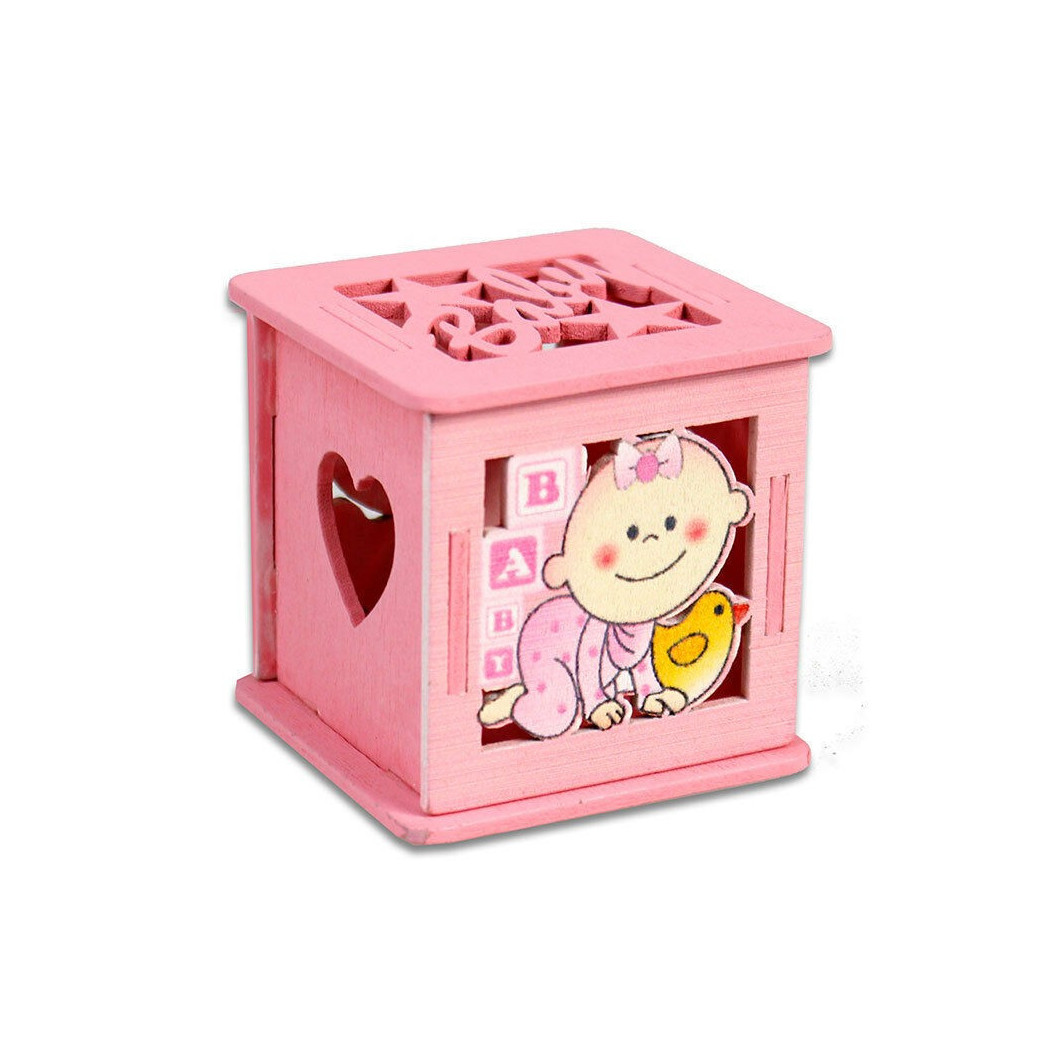 foto del prodotto trade shop 12 scatolina porta confetti in legno bomboniera nascita battesimo rosa femmina 