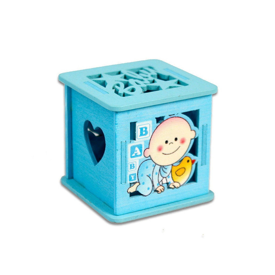 foto del prodotto trade shop 12 scatolina portaconfetti in legno bomboniera nascita battesimo azzurro maschio 