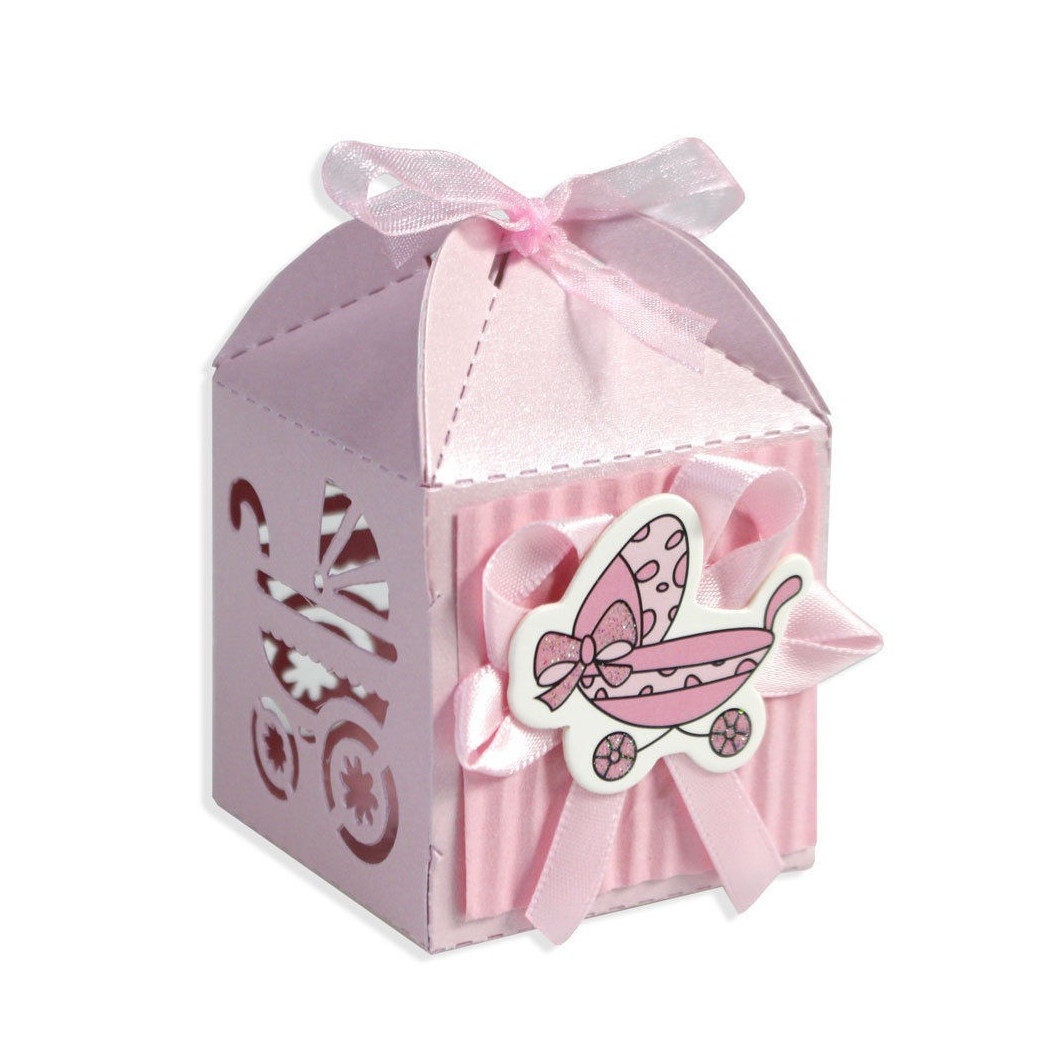 foto del prodotto trade shop 12 scatoline porta confetti bomboniera nascita battesimo bimba rosa carrozzina 