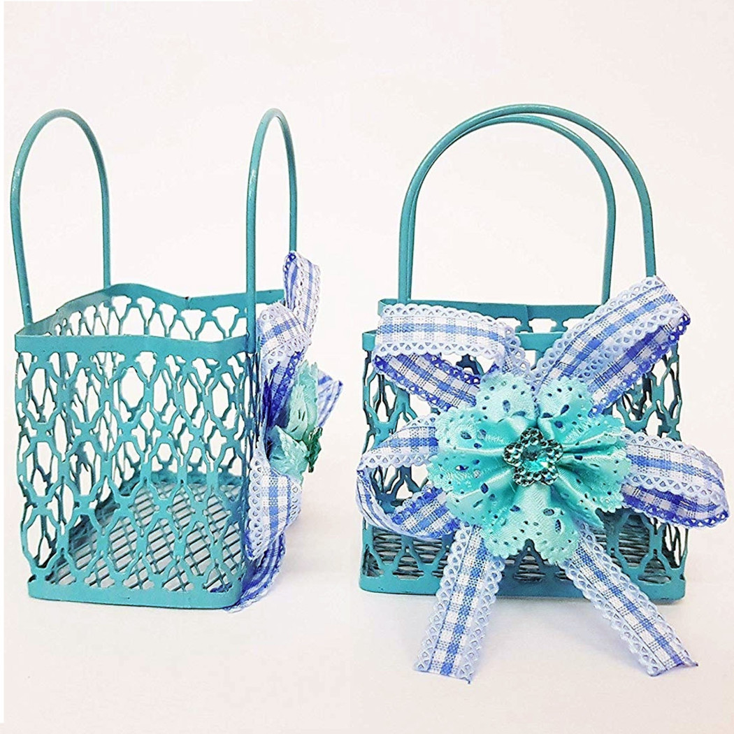 foto del prodotto trade shop 12pz bomboniera sacchetto shoppers metallo azzurro portaconfetti nascita comunione 