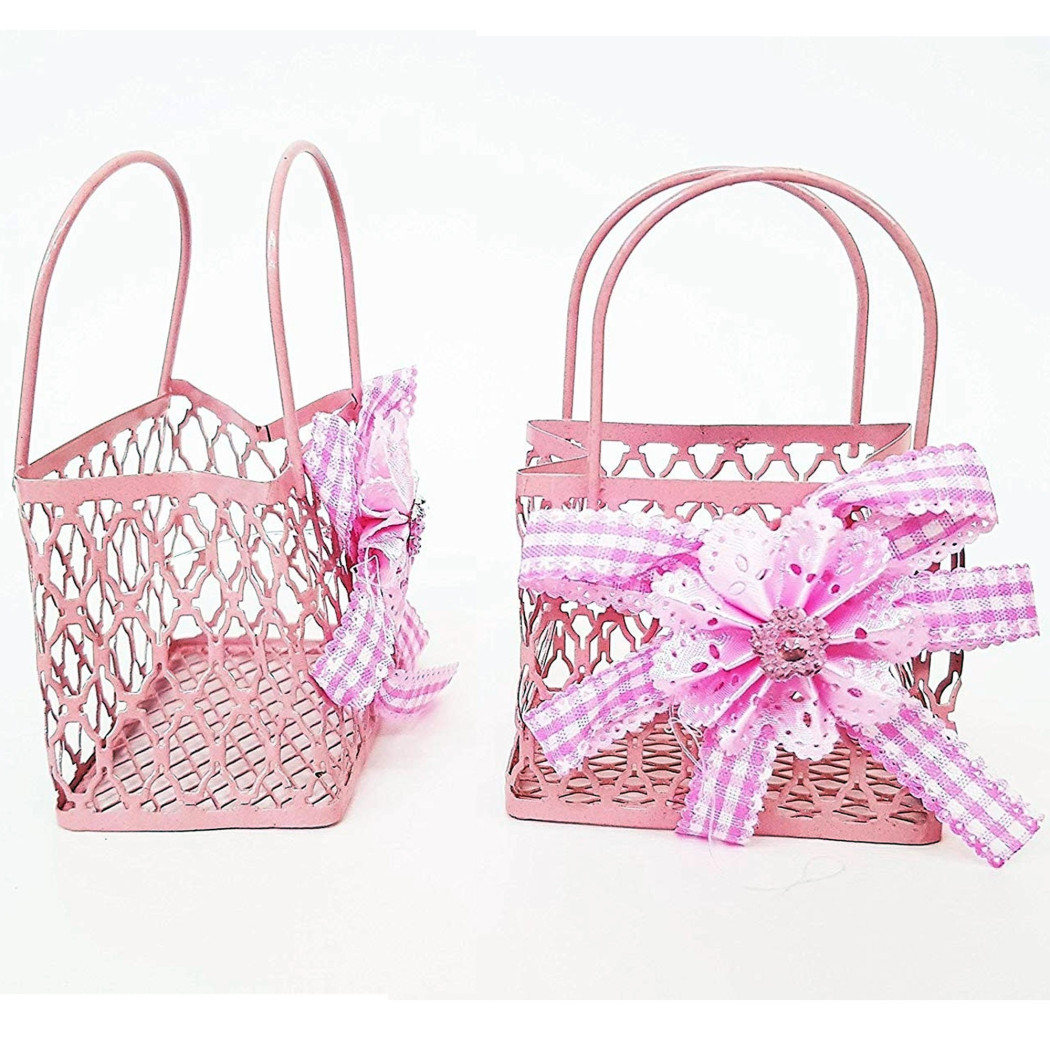 foto del prodotto trade shop 12pz bomboniera sacchetto shoppers metallo rosa portaconfetti nascita comunione 