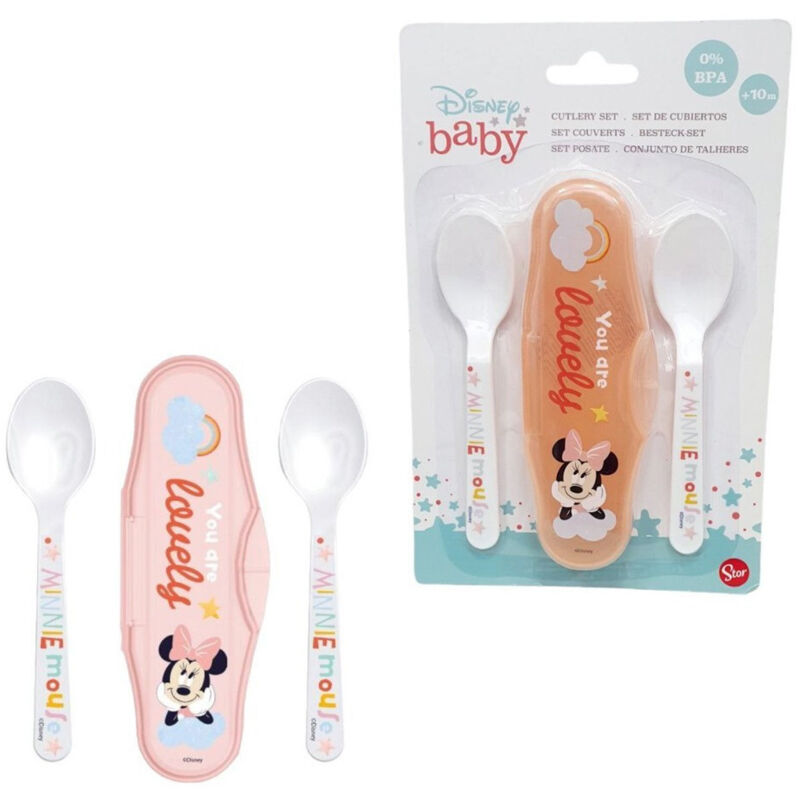 foto del prodotto trade shop 2 cucchiai per bambini prima pappa minnie mouse rosa con astuccio per bambini 