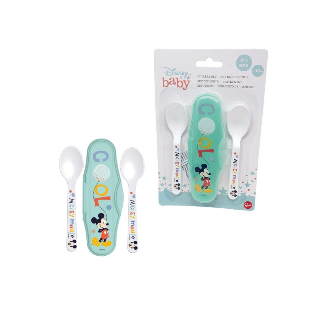 foto del prodotto trade shop 2 cucchiai per bambini prima pappa topolino con astuccio mickey mouse 