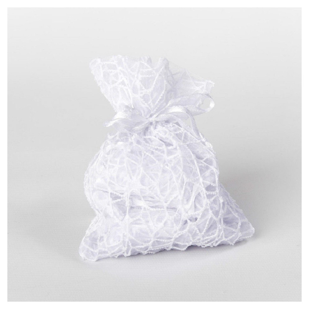 foto del prodotto trade shop 24 pz. sacchetti rete organza porta confetti matrimonio battesimo bomboniera bianco