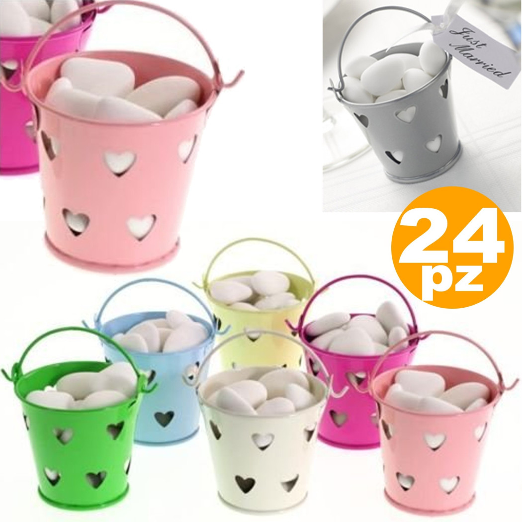 foto del prodotto trade shop 24 x secchielli colorati con cuori in latta verniciata portaconfetti bomboniera 