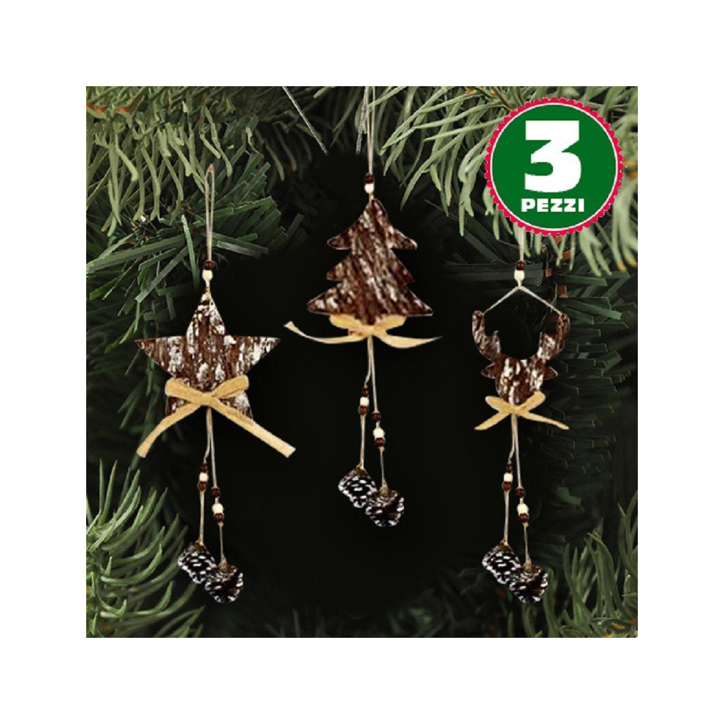 foto del prodotto trade shop 3 appendini natale corteccia legno con pigne fiocco stella albero alce 