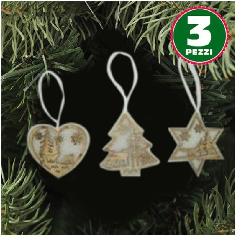 foto del prodotto trade shop 3 appendini natale in legno e ovatta forma stella albero cuore con scenario 16cm 