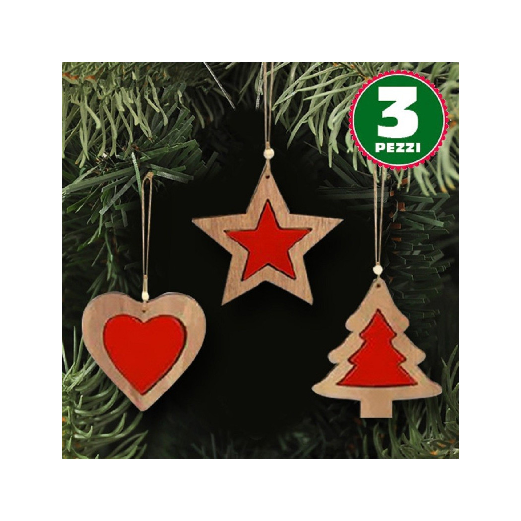 foto del prodotto trade shop 3 appendini natale in legno stella albero cuore rosso decorazioni natalizie 