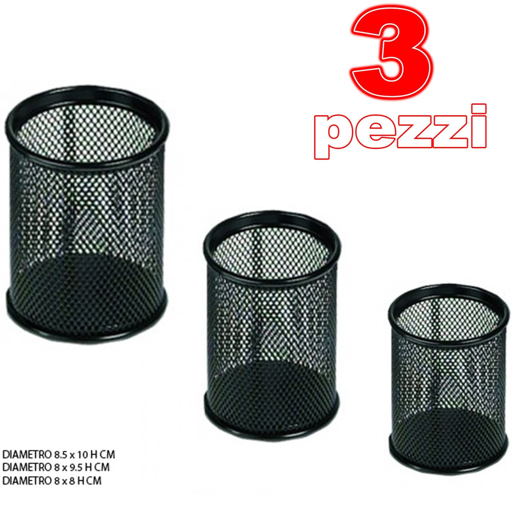 foto del prodotto trade shop 3 portapenne tondo da scrivania metallo rete porta penne ufficio cancelleria 