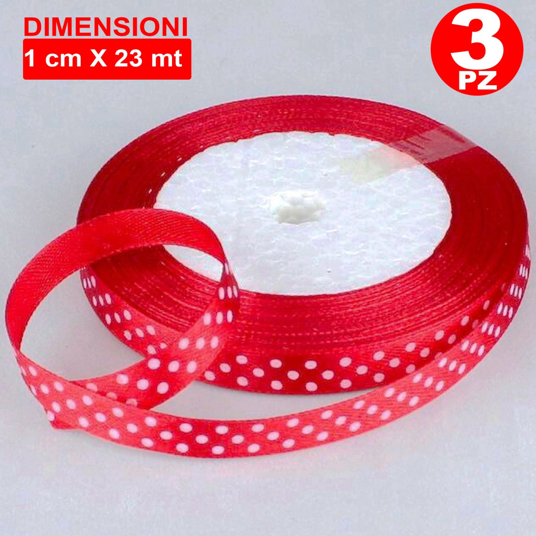 foto del prodotto trade shop 3 rotoli nastro rosso pois bomboniera organza raso bobina decorazioni decoupage 