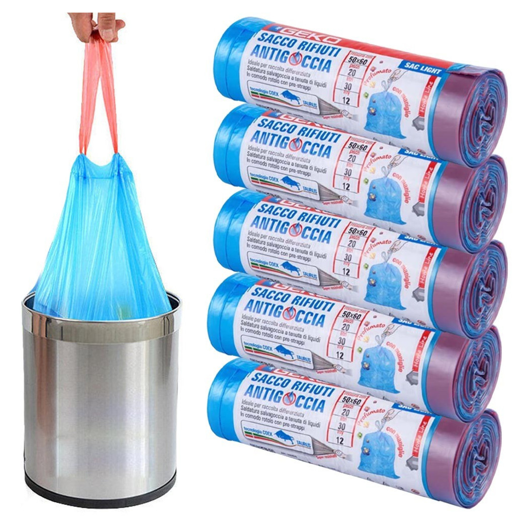 foto del prodotto trade shop 5 rotoli sacchetti buste spazzatura profumati 30lt 50x60cm con manici blu 100pz 