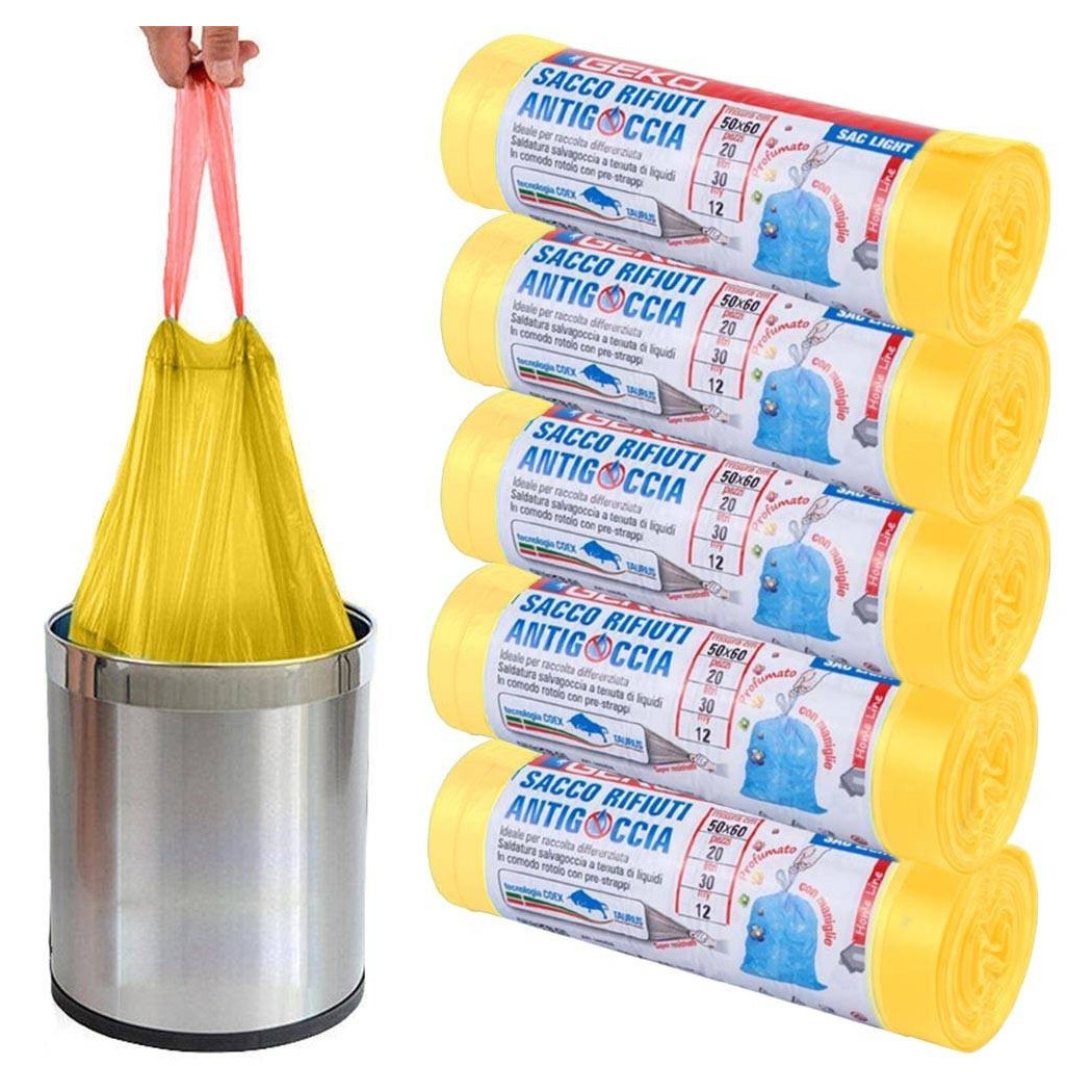 foto del prodotto trade shop 5 rotoli sacchetti buste spazzatura profumati 45lt 50x60 con manici giallo 100pz 