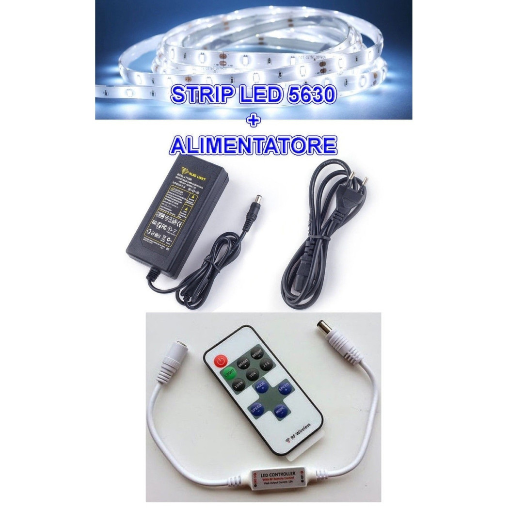 foto del prodotto trade shop 5m striscia strip led smd 5630 alimentatore 5a dimmer telecomando controller bianco freddo 