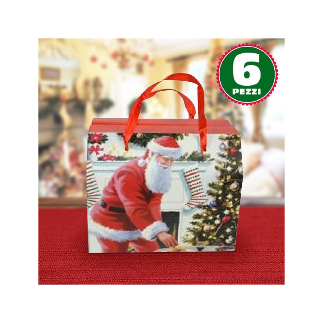 foto del prodotto trade shop 6 scatole da regalo stampa babbo natale classico manici rossi 13,5x11,5x16,5cm 