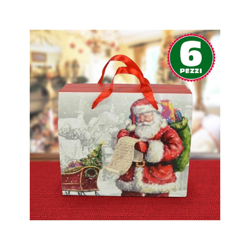 foto del prodotto trade shop 6 scatole da regalo stampa babbo natale classico manici rossi 23 x 12,5 x 27,5cm 