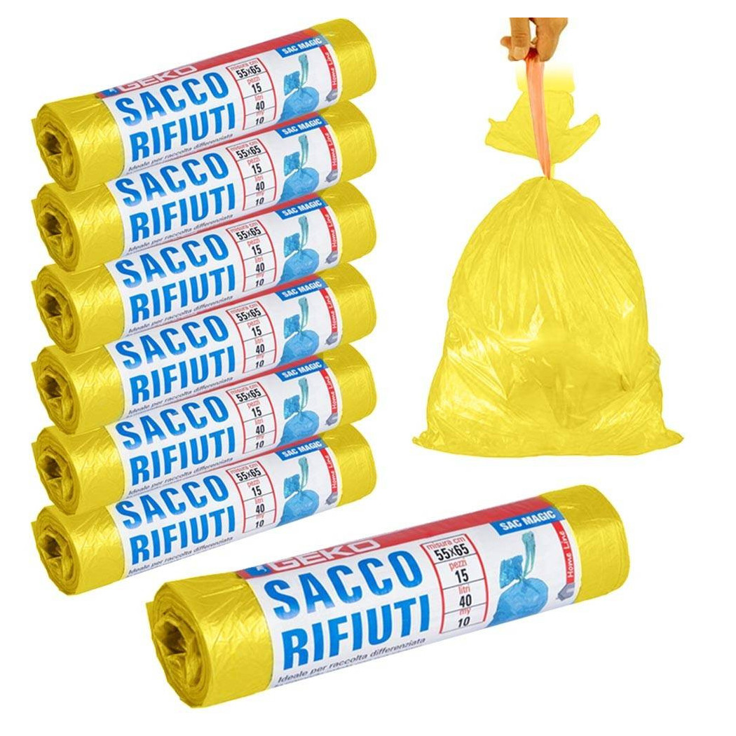 foto del prodotto trade shop 7x rotoli sacchetti buste spazzatura 40lt 55x65cm chiusura laccetto giallo 105pz 