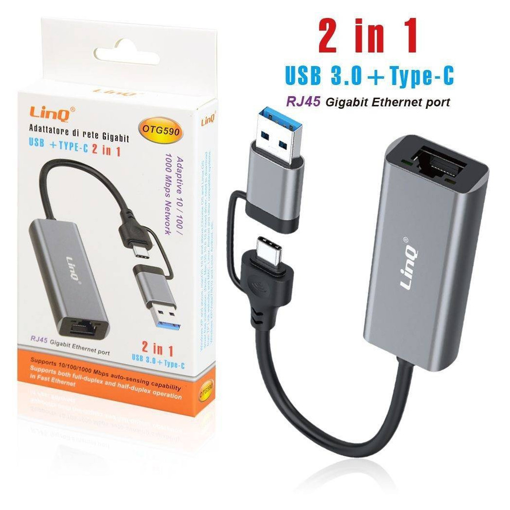 foto del prodotto trade shop adattatore di rete gigabit ethernet porta rj45 2 in 1 usb 3.0 type c otg590 