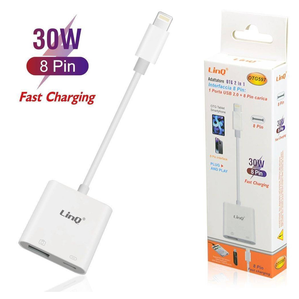 foto del prodotto trade shop adattatore otg 2in1 interfaccia 8 pin a porta usb2.0 lightning carica 30w otg597 