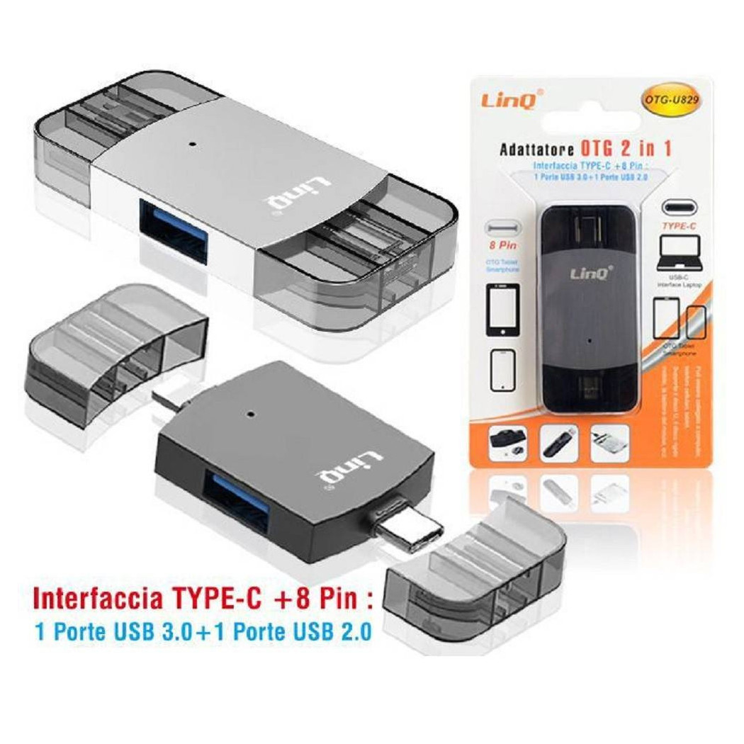 foto del prodotto trade shop adattatore otg 2in1 type c lightning 2xusb femmina otg u829 trasferimento dati 