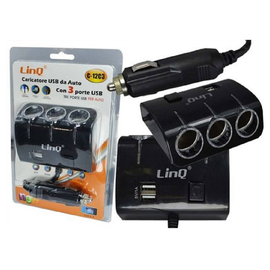 foto del prodotto trade shop adattatore sdoppiatore caricatore triplo accendisigari per auto 12v 2 usb c 12c3 