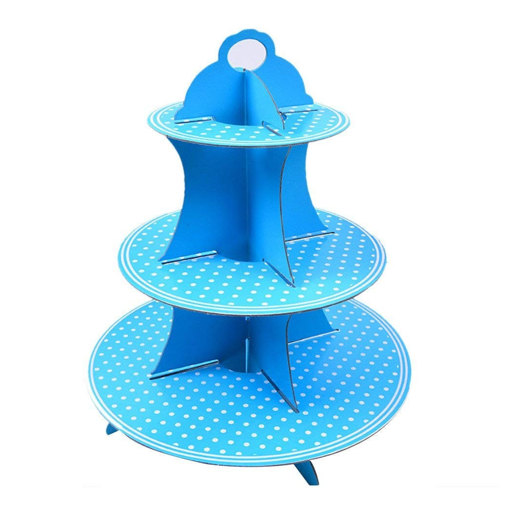 foto del prodotto trade shop alzatina in cartone porta torta dolci cupcake 3 ripiani azzurro con pois bianchi 