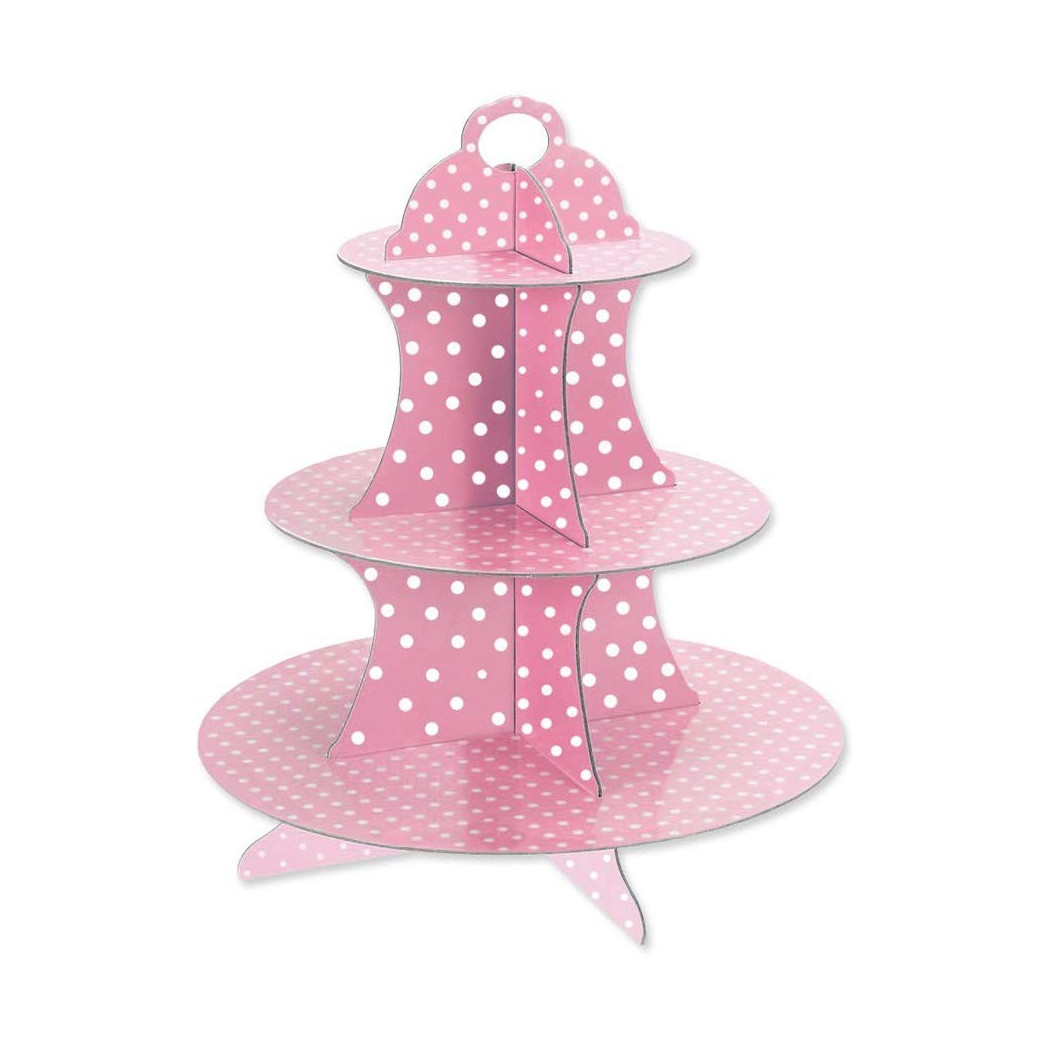 foto del prodotto trade shop alzatina stand rosa a pois in cartone carta 3 piani supporto per dolci muffin 