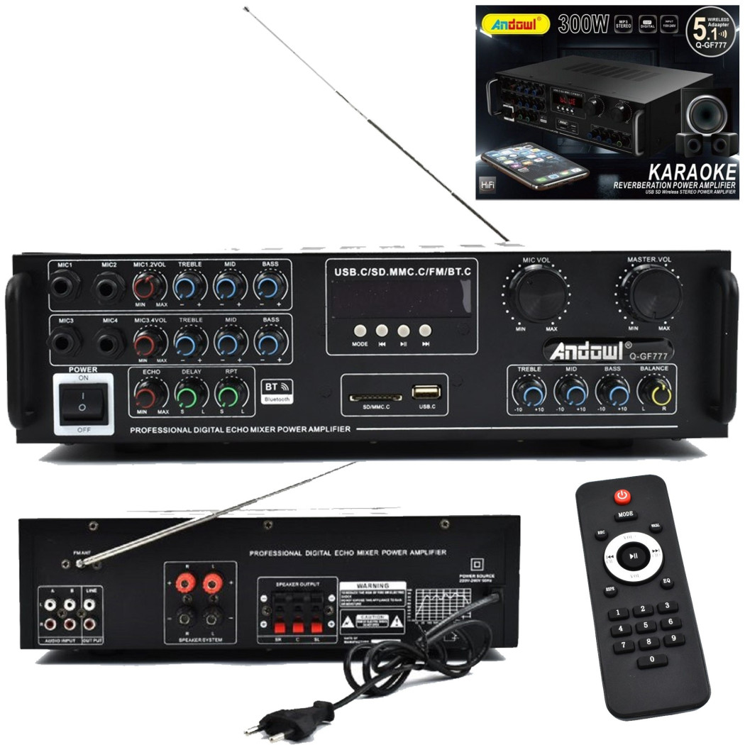 foto del prodotto trade shop amplificatore 300w 5.1 bluetooth usb fm mp3 funzione karaoke telecomando q gf777 