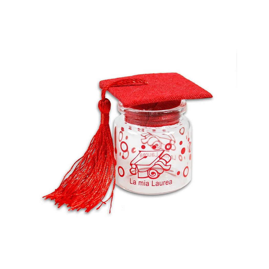 foto del prodotto trade shop ampolle barattoli in vetro con tappo in sughero bomboniera laurea tocco rosso 