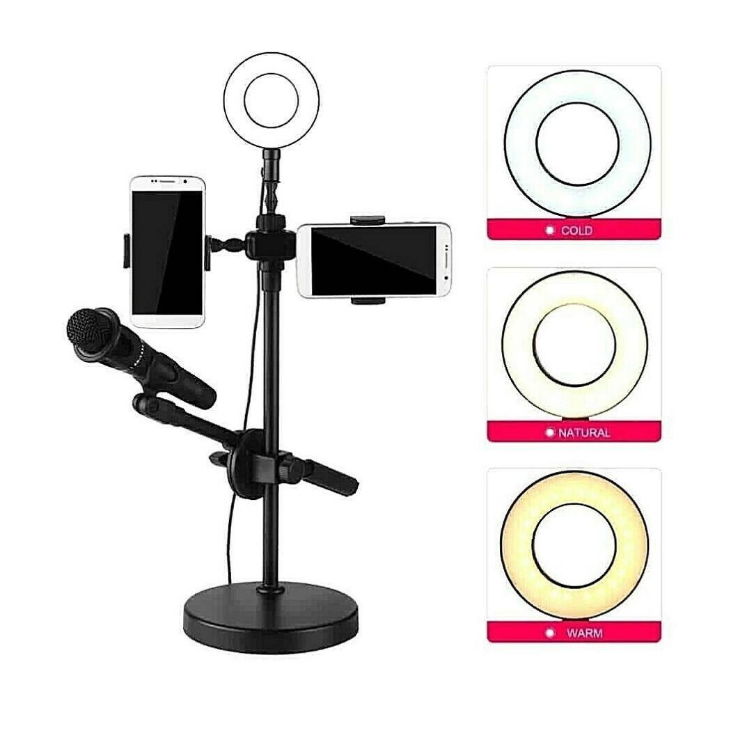 foto del prodotto trade shop anello luminoso a led per selfie con supporto cellulare microfono camera 16cm 