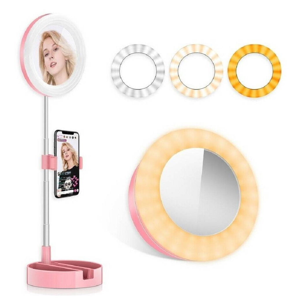 foto del prodotto trade shop anello luminoso specchio led telescopico con supporto cellulare selfie 3 luci 
