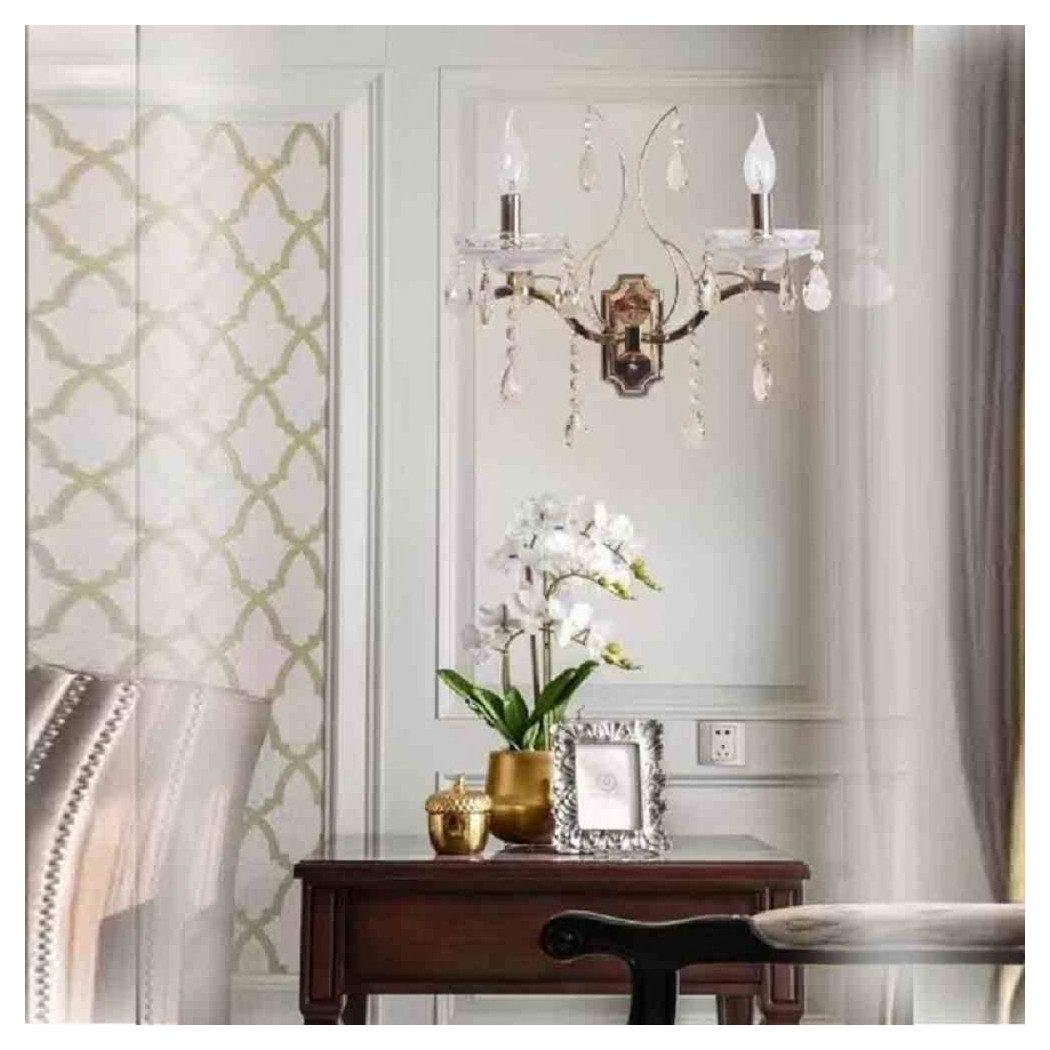 foto del prodotto trade shop - applique candelabro 2 bracci con pendenti gocce cristallo retrò attacco e14 e68-2 -