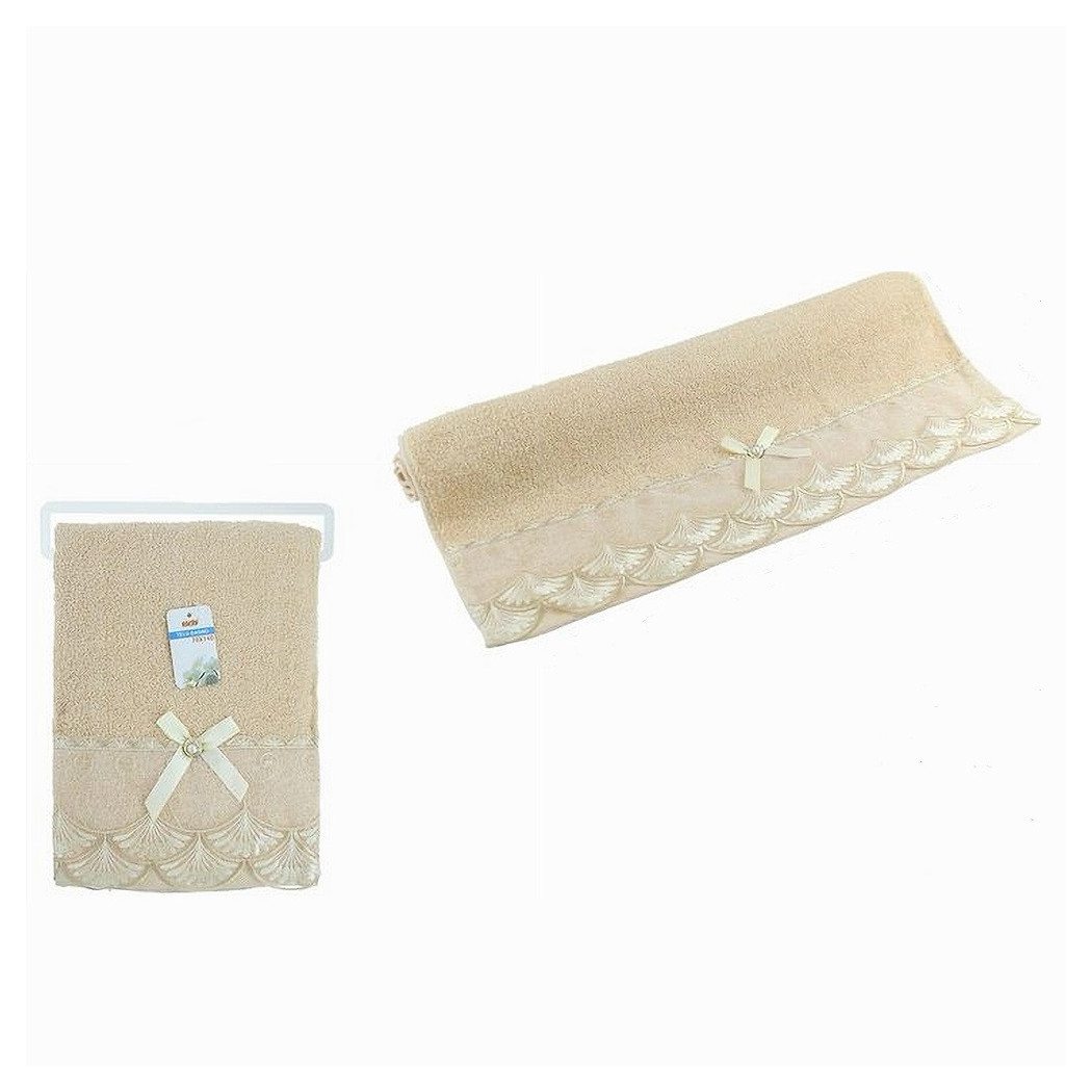 foto del prodotto trade shop asciugamano bagno telo cotone morbido decorato 70x140 cm 380gr beige scuro 79510 