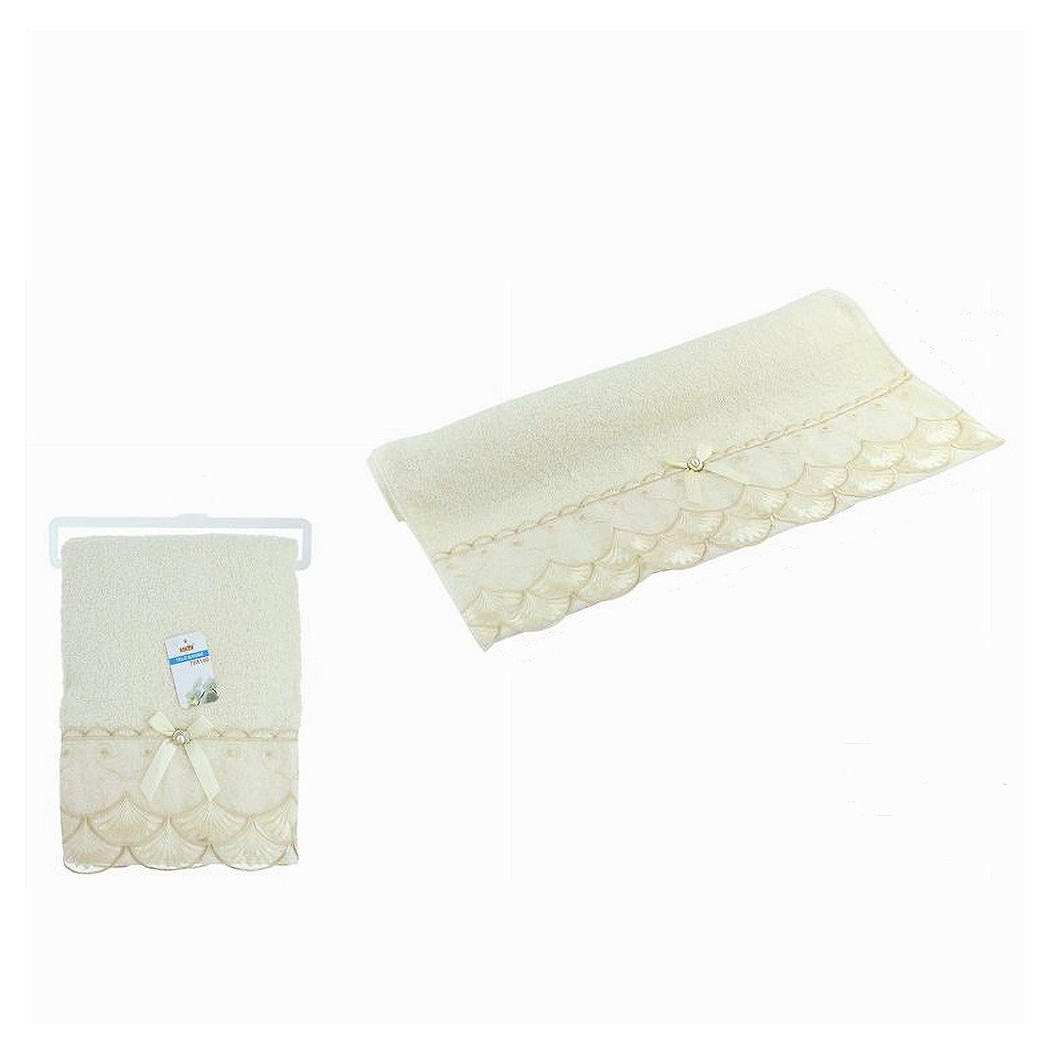 foto del prodotto trade shop asciugamano bagno telo cotone morbido decorato 70x140cm 380gr beige chiaro 79504 
