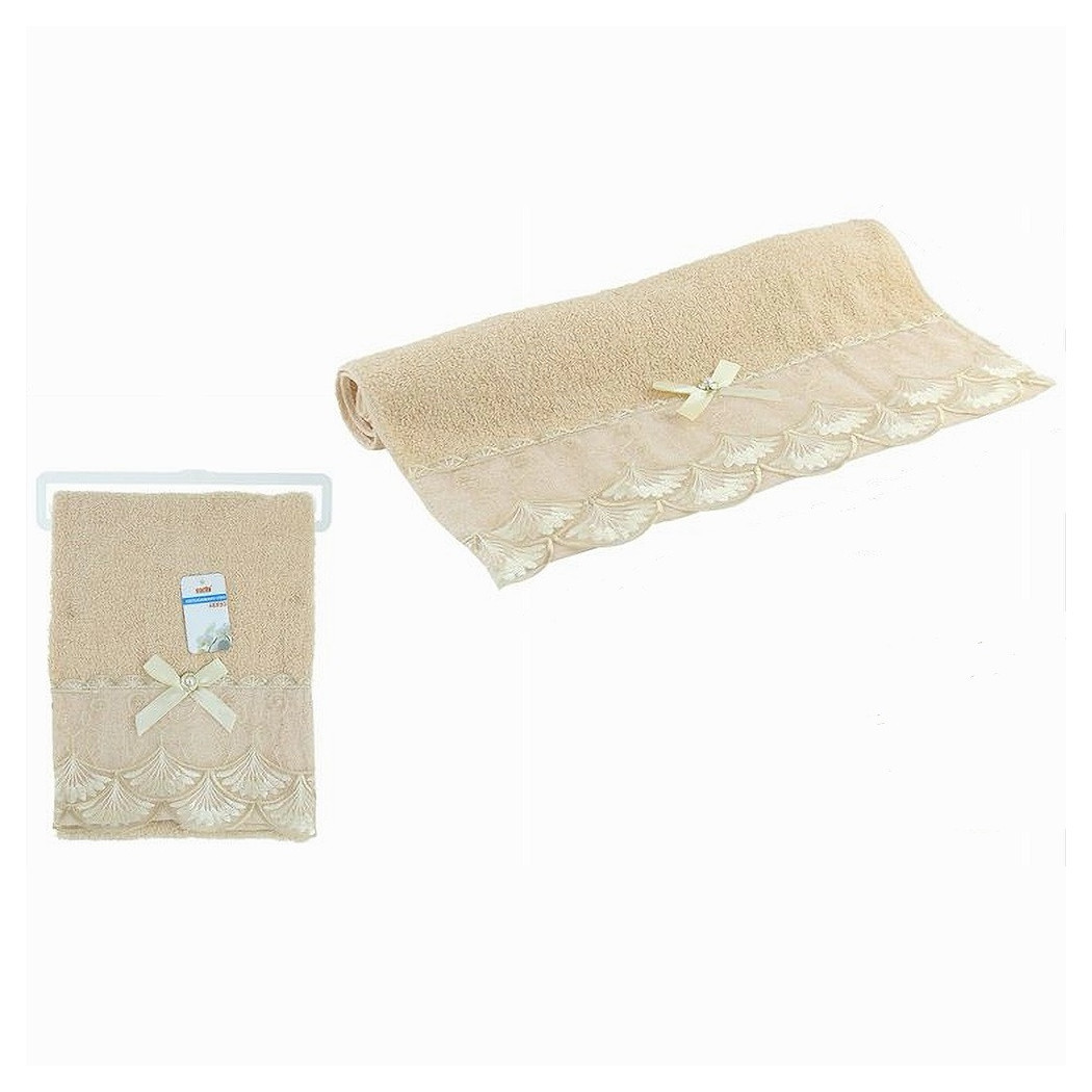 foto del prodotto trade shop asciugamano bagno viso cotone morbido decorato 48 x 93cm 180gr beige scuro 79509 