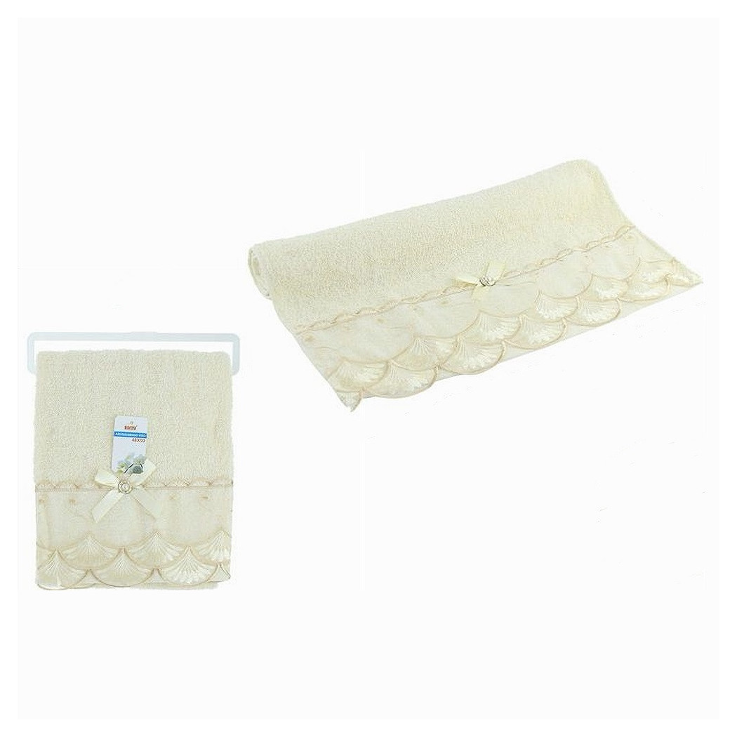 foto del prodotto trade shop asciugamano bagno viso cotone morbido decorato 48x93 cm 180gr beige chiaro 79503 