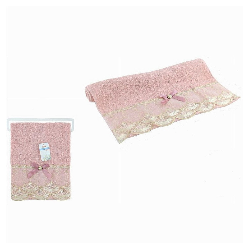 foto del prodotto trade shop asciugamano da bagno viso in cotone morbido decorato 48 x 93 cm 180gr rosa 79506 