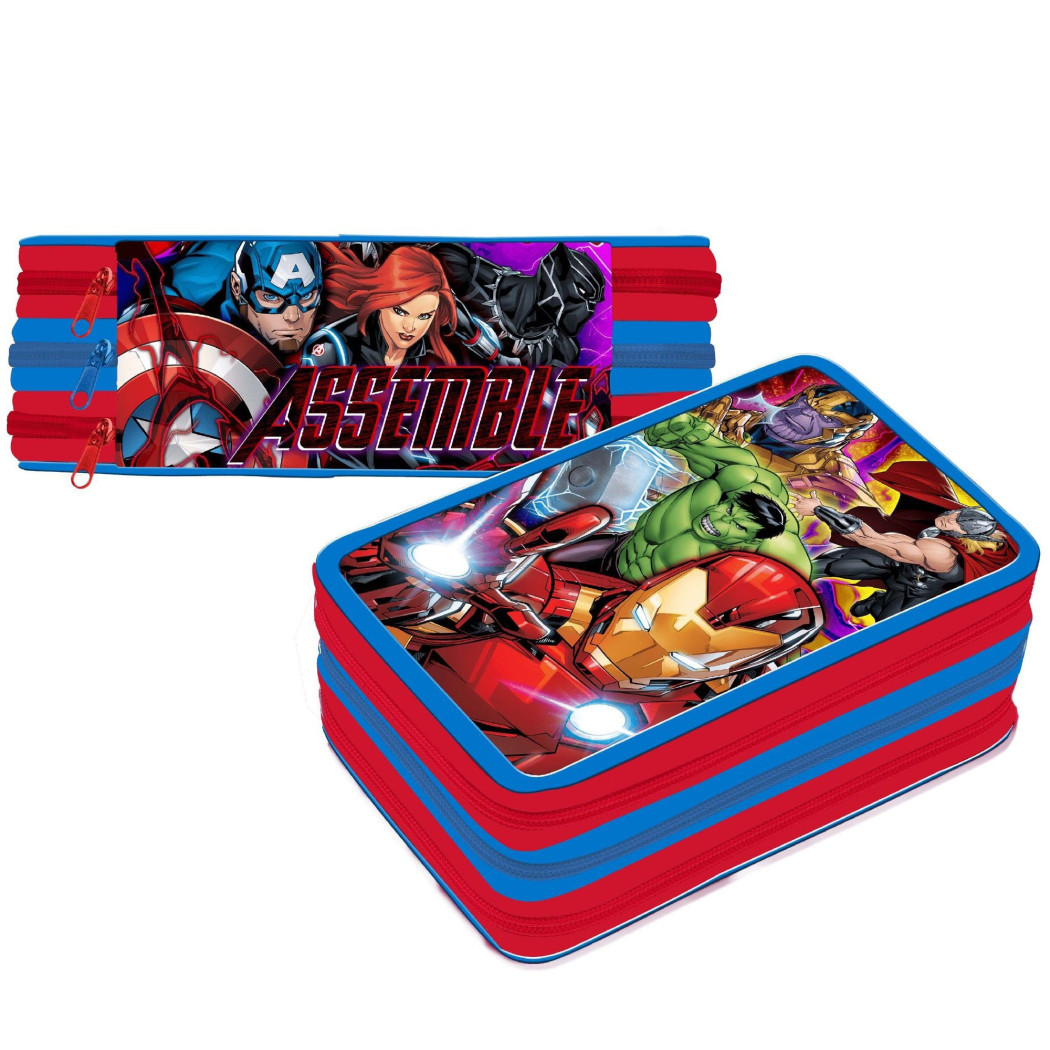 foto del prodotto trade shop astuccio triplo avengers assemble 3 zip completo accessoriato bambini scuola 