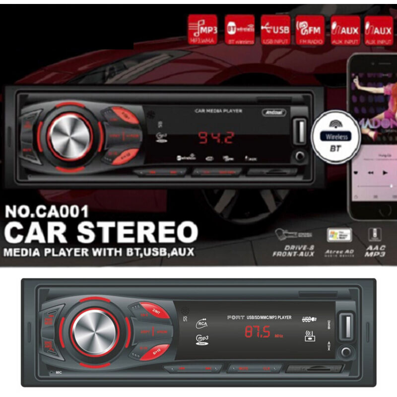foto del prodotto trade shop autoradio stereo sistema audio per auto universale 1 din bluetooth aux usb ca001 
