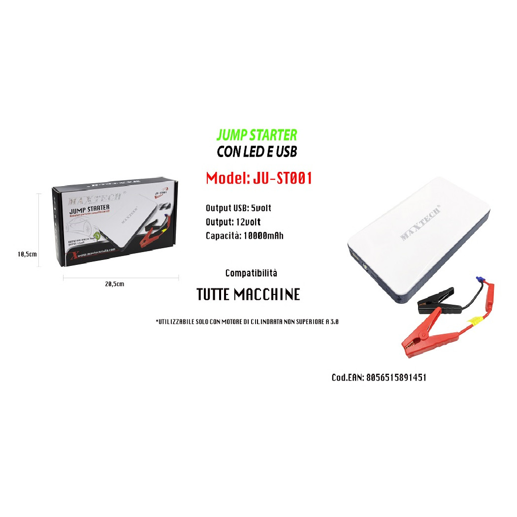 foto del prodotto trade shop avviatore portatile compatto jump starter con led usb 10000mah maxtech ju st001 