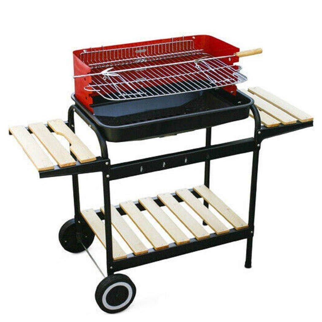 foto del prodotto trade shop barbecue trolley a carbonella in metallo e legno bbq braciere portatile ripiani 