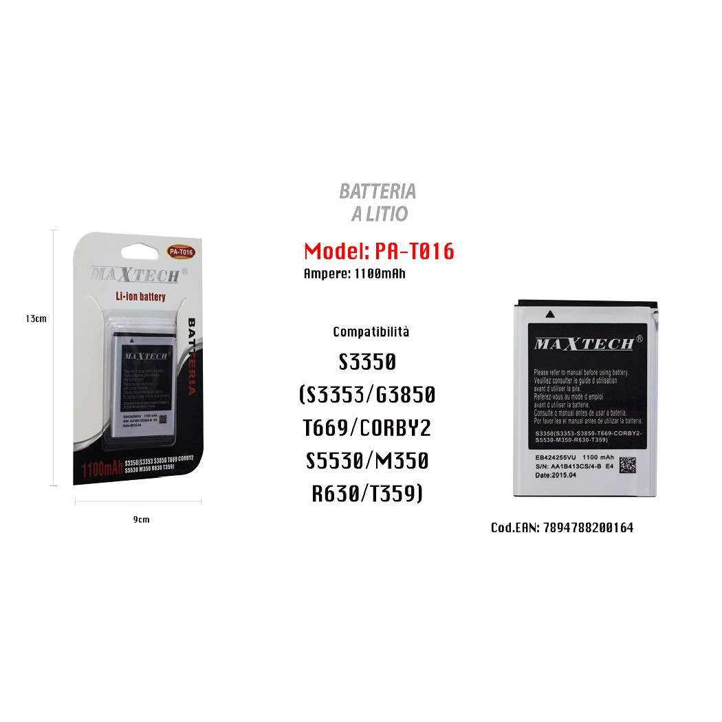 foto del prodotto trade shop batteria a litio 1100mah per samsung s3350 ricambio smartphone maxtech pa t016 