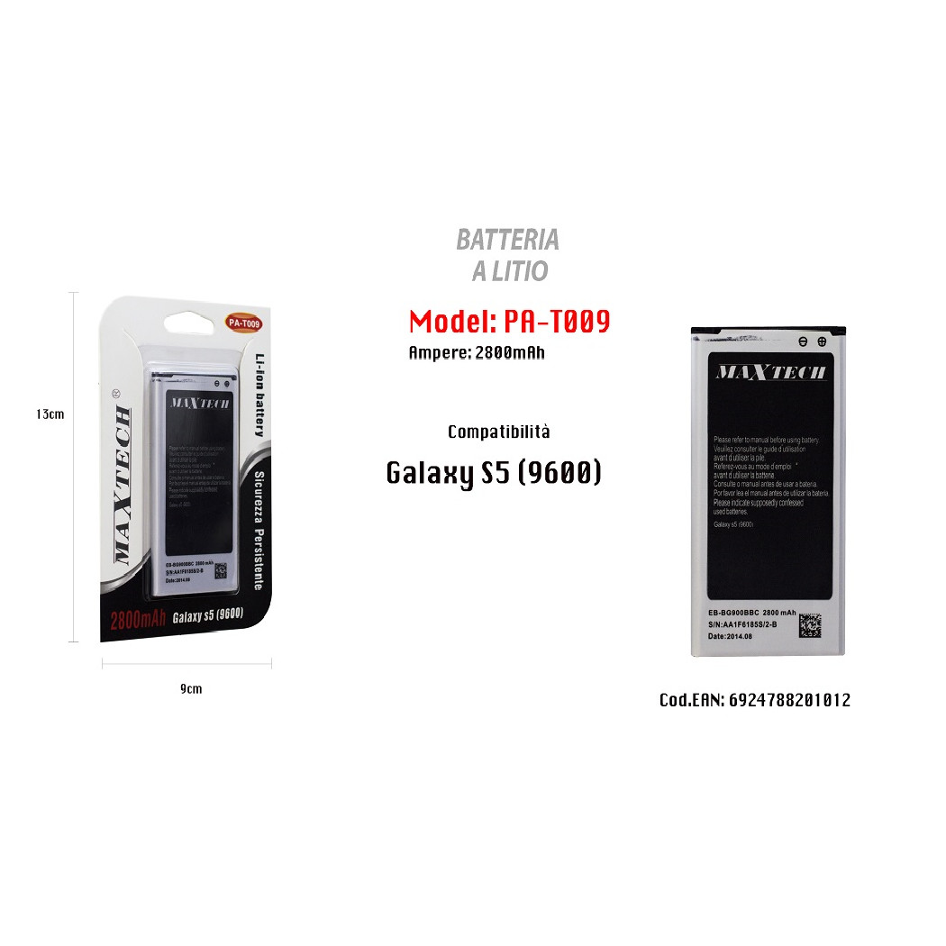 foto del prodotto trade shop batteria a litio compatibile galaxy s5 cellulare smartphone 2800mah maxtech pa t009 