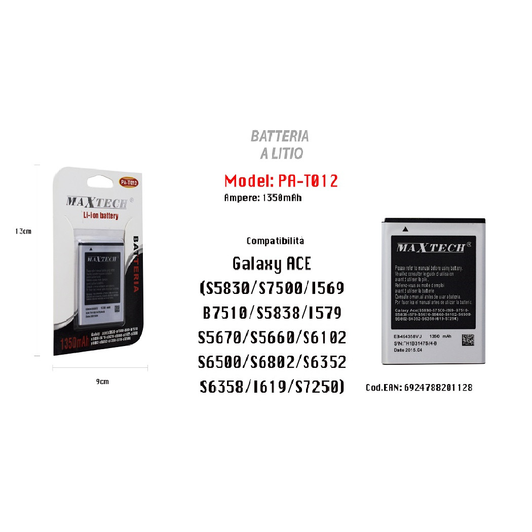 foto del prodotto trade shop batteria a litio per galaxy ace compatibile cellulare smartphone 1350mah maxtech pa t012 
