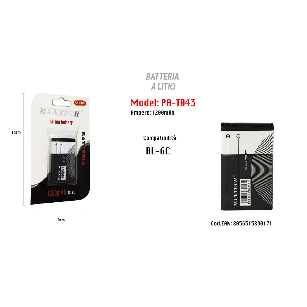foto del prodotto trade shop batteria a litio ricambio compatibile con bl 6c 1200mah smartphone maxtech pa t043 