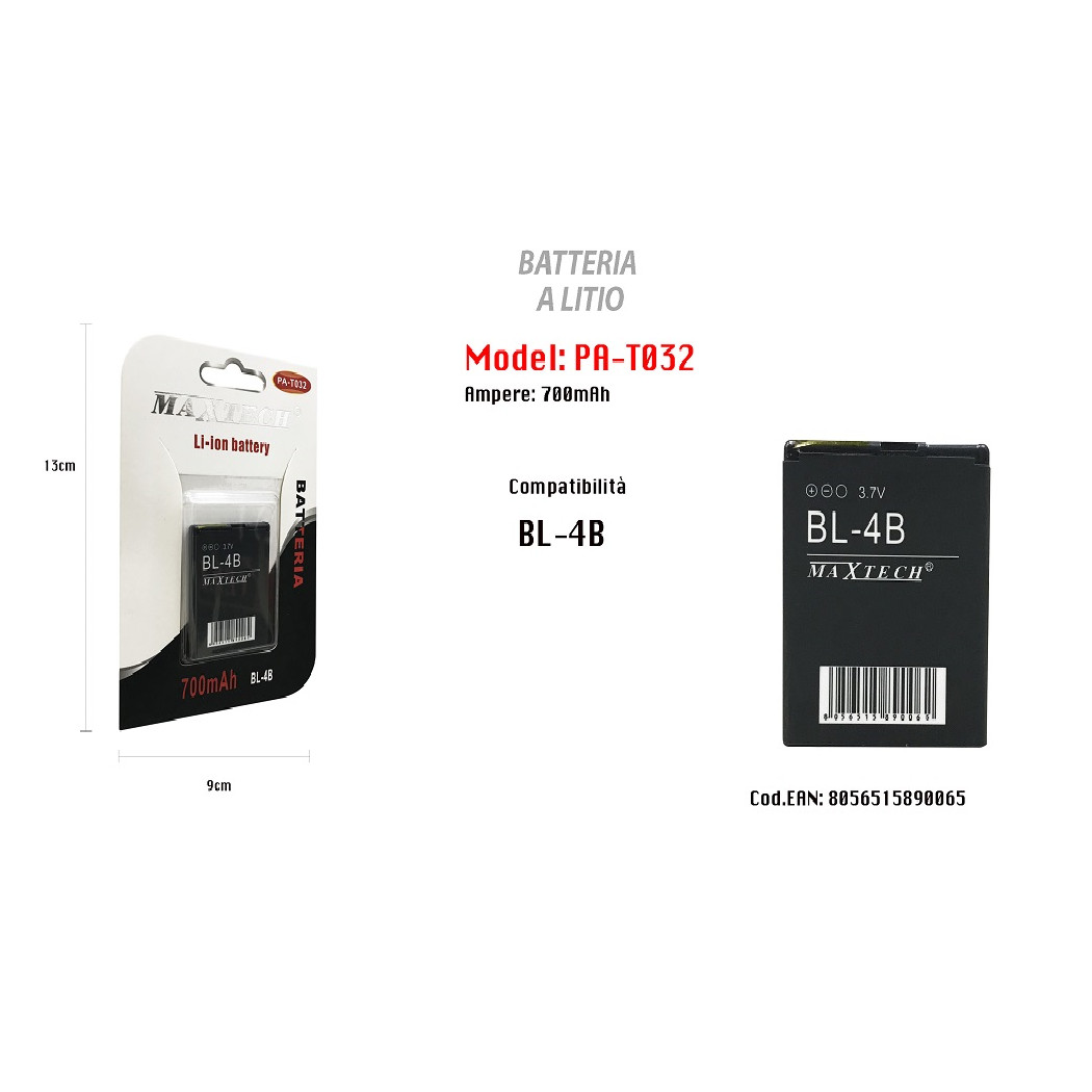 foto del prodotto trade shop batteria compatibile con bl 4b litio 700mah 3.7v batteria ricaricabile maxtech pa t032 