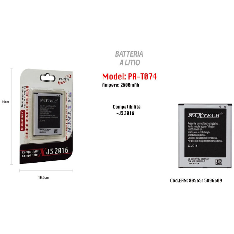 foto del prodotto trade shop batteria litio lunga durata compatibile samsung j3 2016 maxtech 2600mah pa t074 
