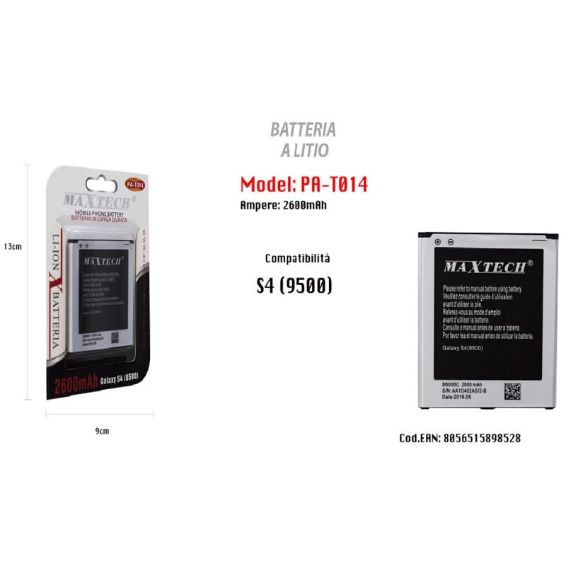 foto del prodotto trade shop batteria s4 9500 ricambio cellulare smartphone a litio 2600mah maxtech pa t014 